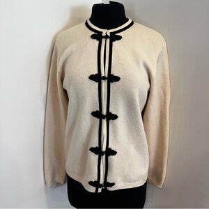 Talbots cream Cardigan Sweater Black Velvet Trim Snap Toggle Merino Wool M